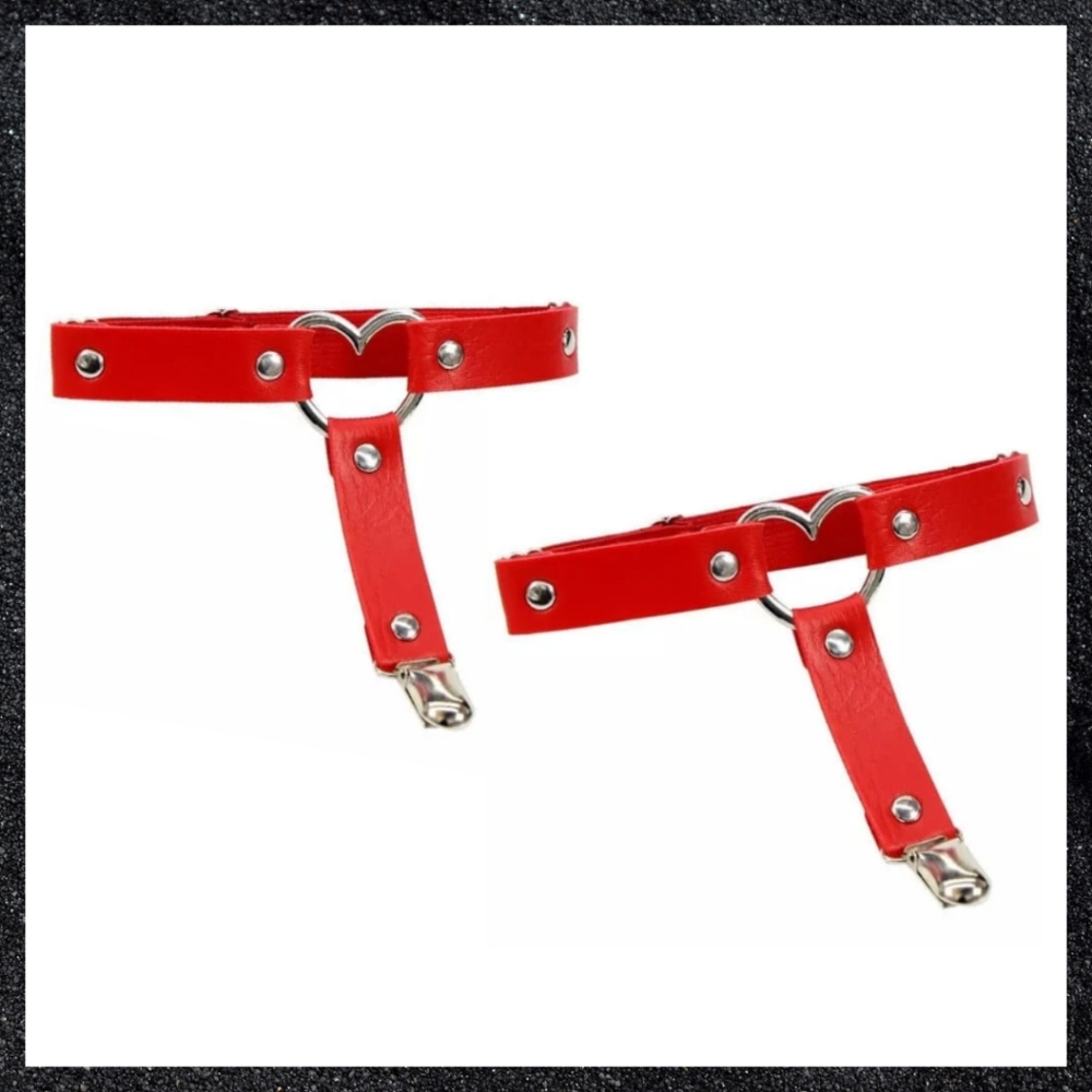 Red Studded Heart Leather Thigh Garter Harness Pair Set